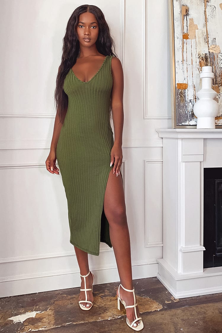 Trendy Olive Green Dress - Ribbed Midi Dress - Sexy Bodycon Dress - Lulus
