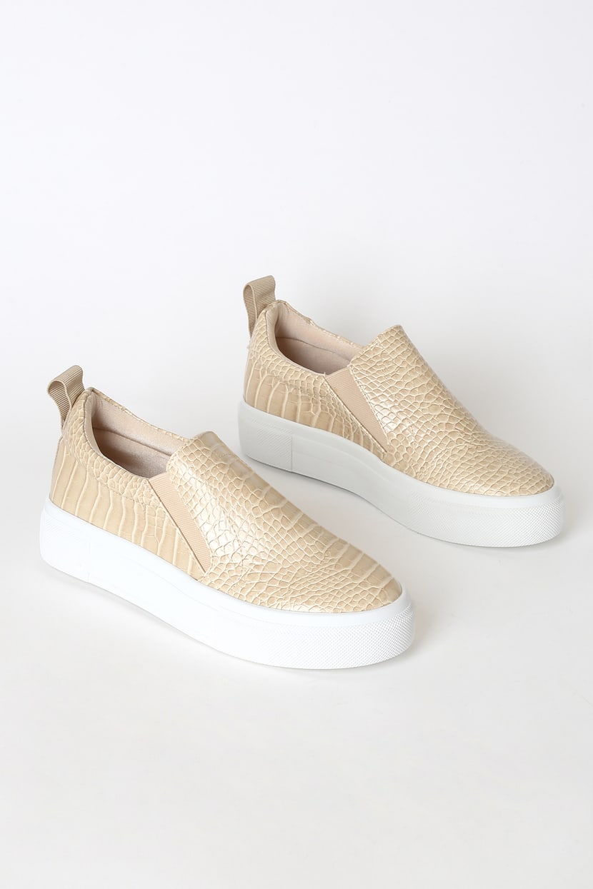 Beige Crocodile Sneakers - Flatform Sneakers - Slip-On Sneakers - Lulus