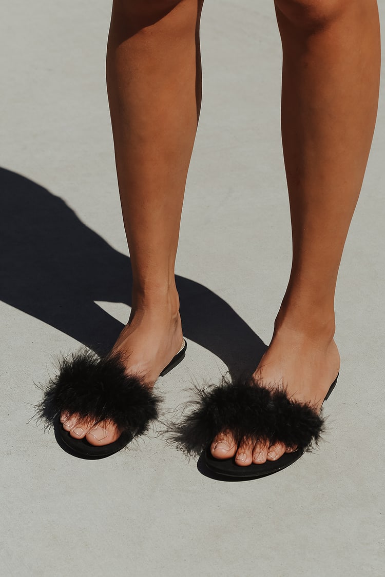 Black Feather Sandals - Feather Slide Sandals - Glam Sandals - Lulus