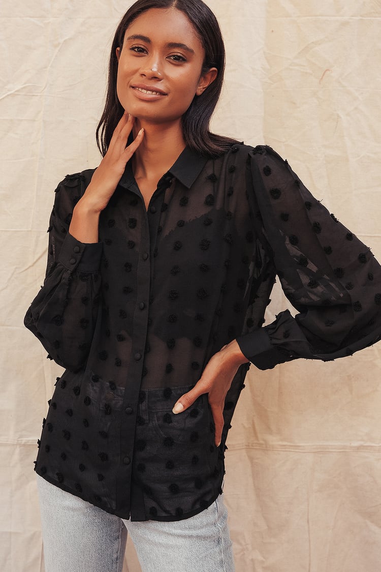 Chic Sheer Black Top - Button-Up Blouse - Dotted Long Sleeve Top - Lulus