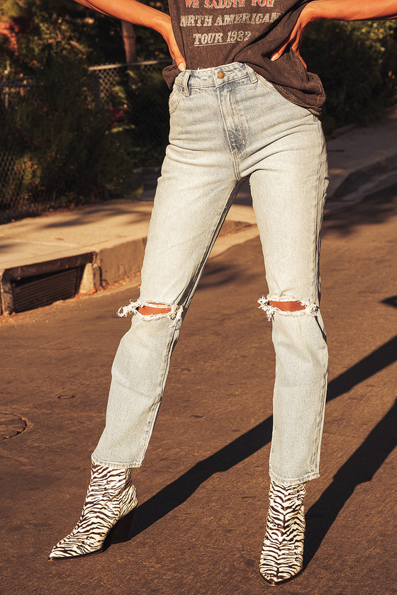 light blue wash distressed high waist straight leg jeans