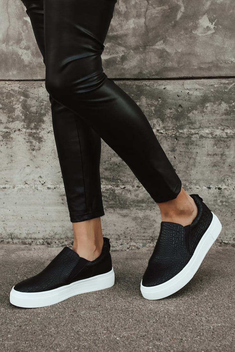 Black Crocodile Sneakers - Flatform Sneakers - Slip-On Sneakers - Lulus