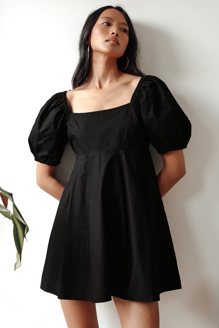 Black Puff Sleeve Dress - Babydoll Dress - Cute Cotton Mini Dress - Lulus