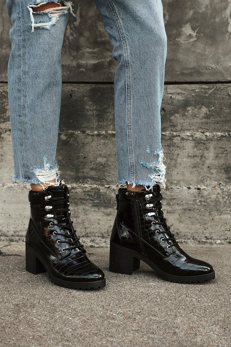 Black Crocodile Boots - Lace-Up Ankle Boots - Faux Leather Boots - Lulus