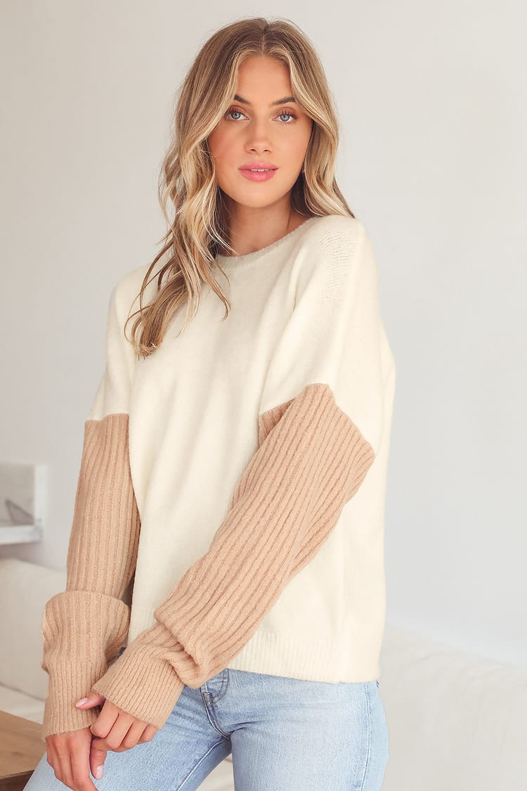 White and Beige Sweater - Color Block Sweater - Two-Tone Sweater - Lulus