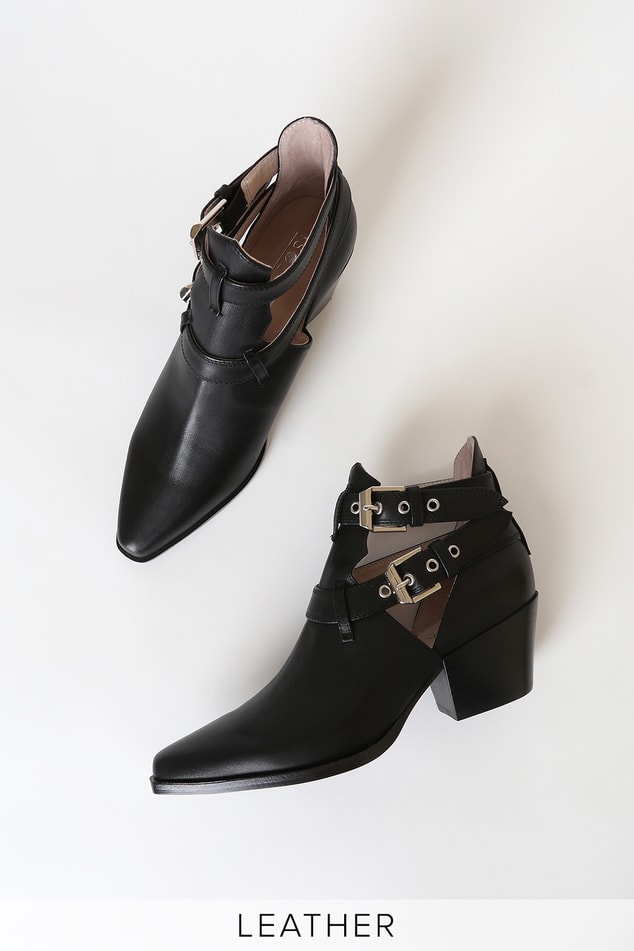 Brenda Black Leather Studded Cutout Ankle Booties