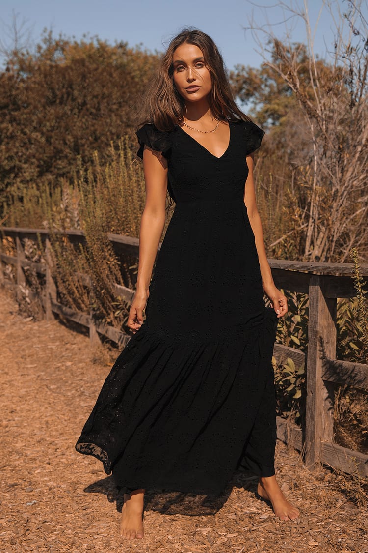 Black Tulle Dress - Embroidered Maxi Dress - Lace-Up Maxi Dress - Lulus