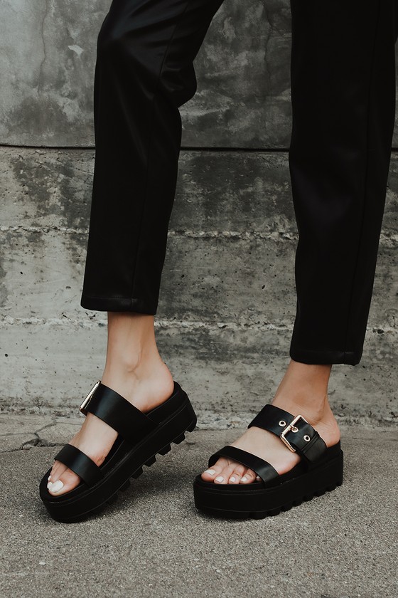 Black Platform Sandals - Vegan Leather Sandals - Buckle Sandals - Lulus