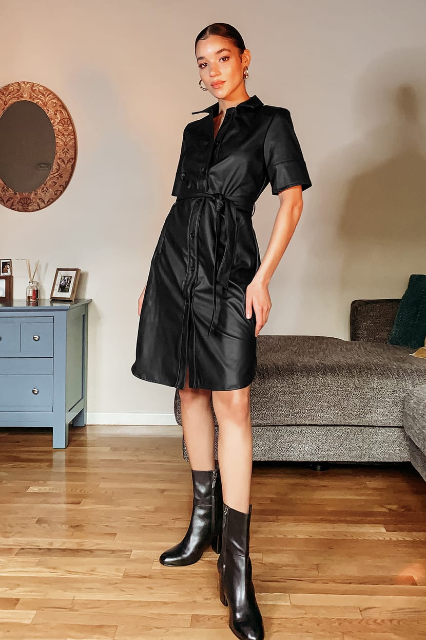 Black Vegan Leather Dress - Collared Midi Dress - Button-Up Dress - Lulus