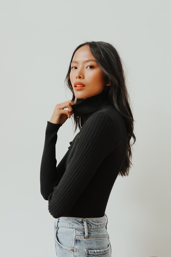 Black Turtleneck Top - Chic Sweater Top - Ribbed Long Sleeve Top