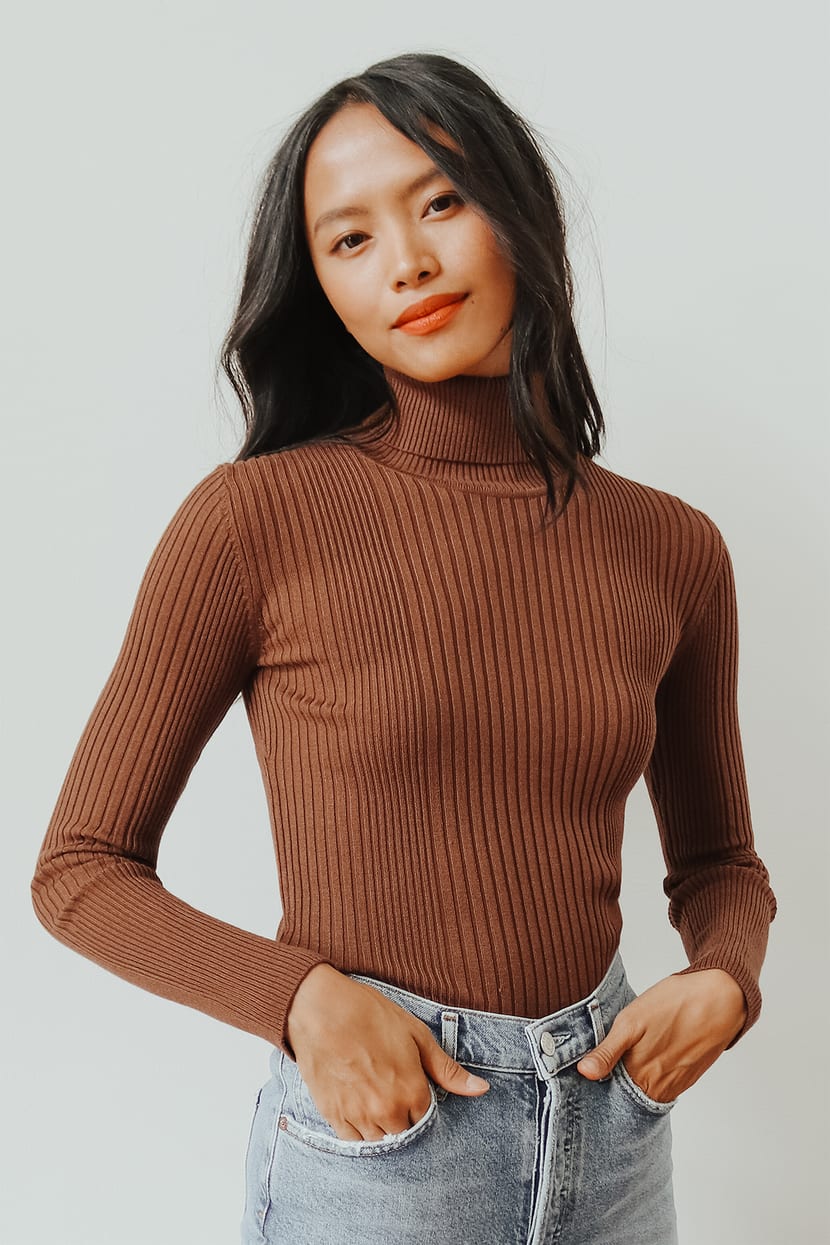 Brown Turtleneck Top - Chic Sweater Top - Ribbed Long Sleeve Top - Lulus