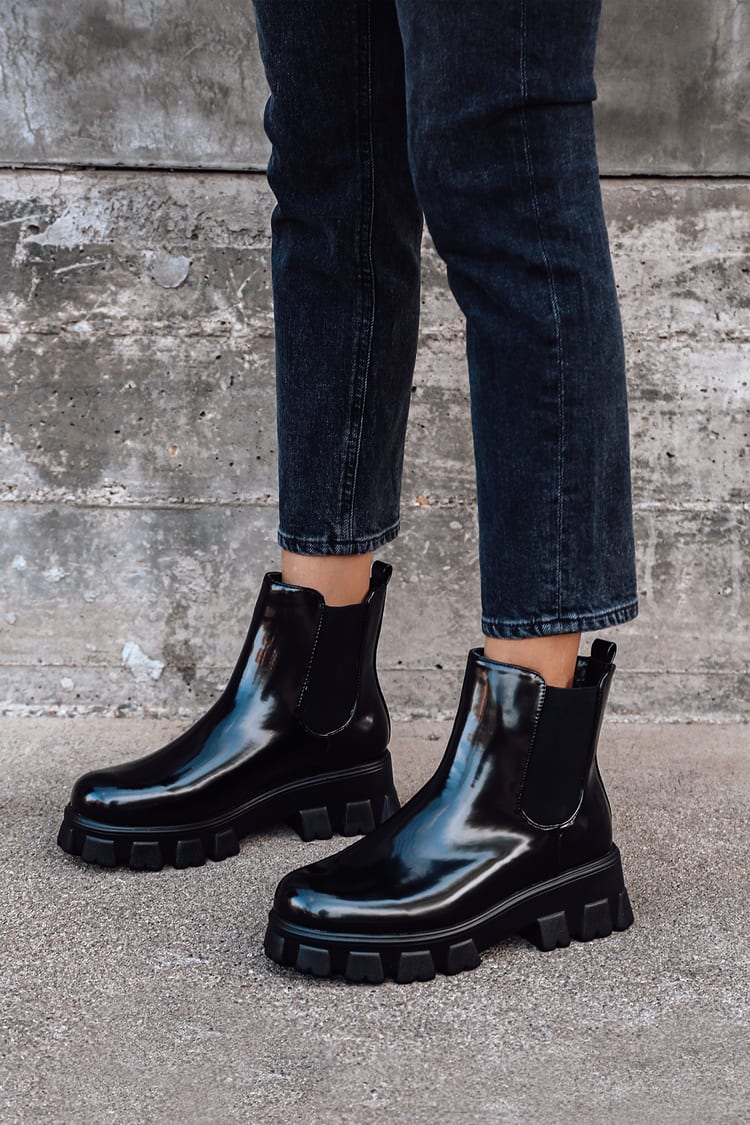 Black Patent Boots - Platform Chelsea Boots - Chunky Ankle Boots - Lulus