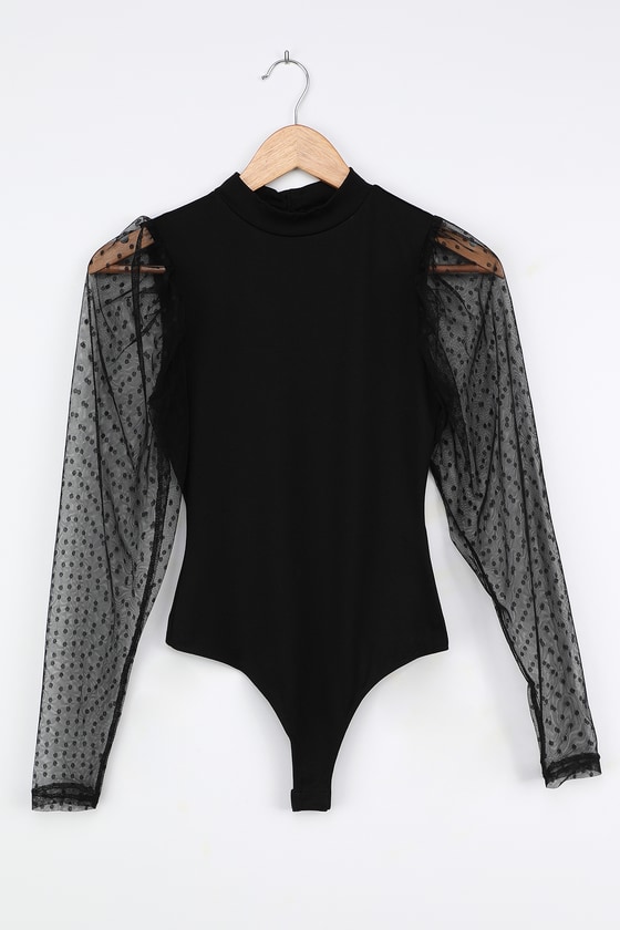 Black Bodysuit - Sheer Sleeve Bodysuit - Long Sleeve Bodysuit - Lulus