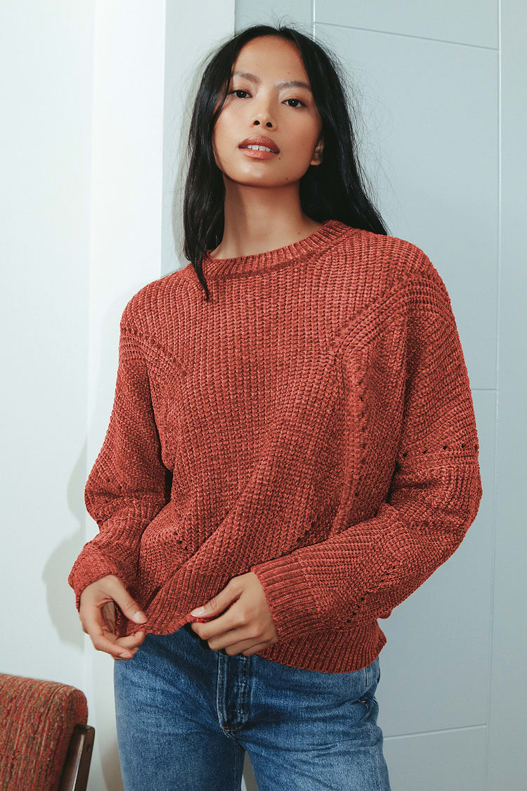Rust Orange Chenille Sweater - Pierced Sweater - Slouchy Sweater - Lulus
