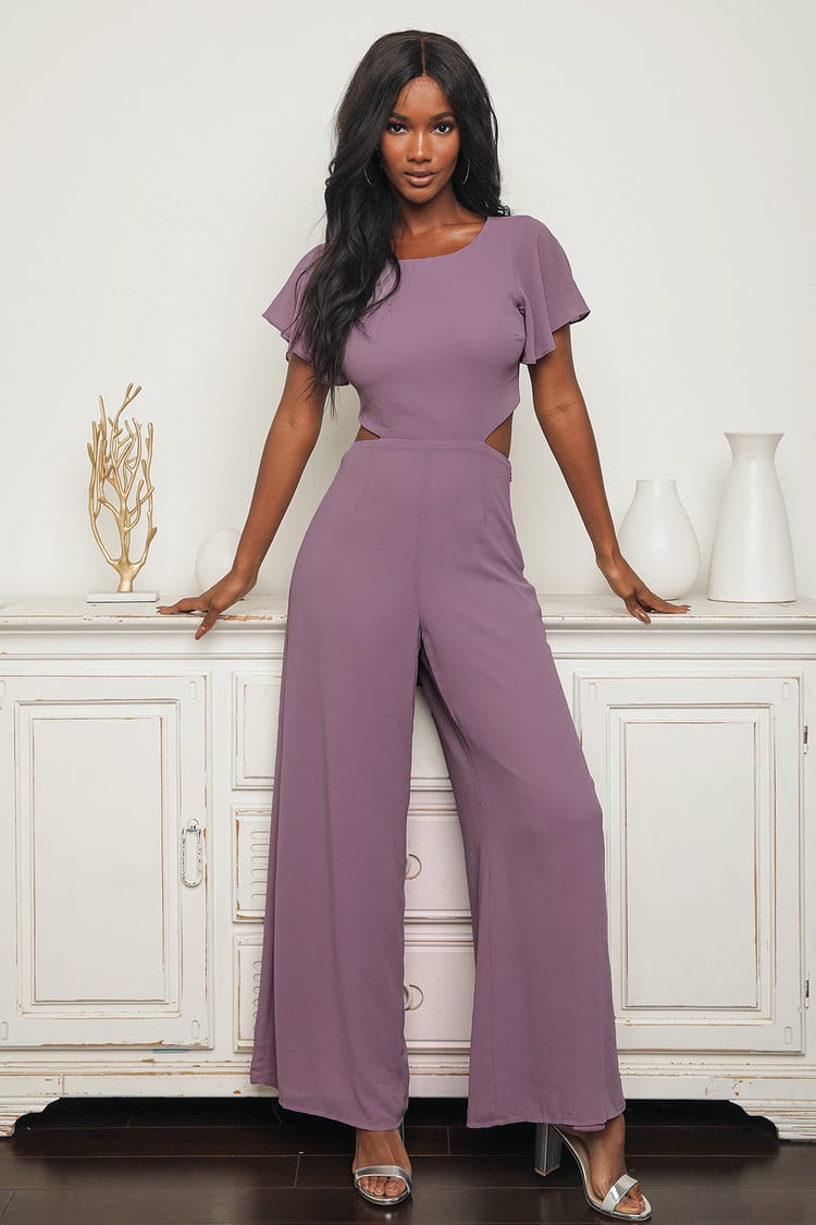 Sunny Soiree Mauve Purple One-Shoulder Tie-Front Jumpsuit | halageorgia.com
