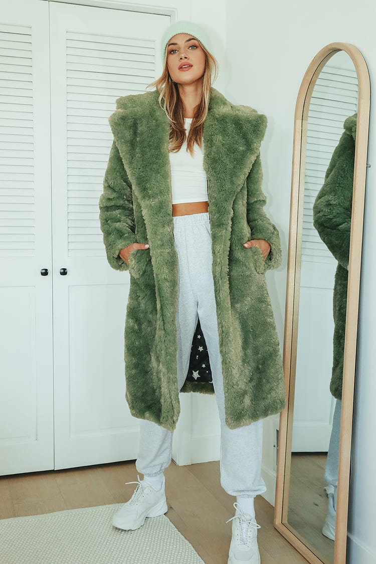 Lulus Green Faux Fur Coat - Collared Longline Coat
