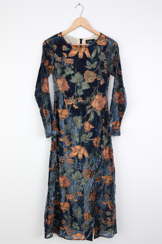 Blue Floral Velvet Dress - Midi Dress - Long Sleeve Velvet Dress - Lulus
