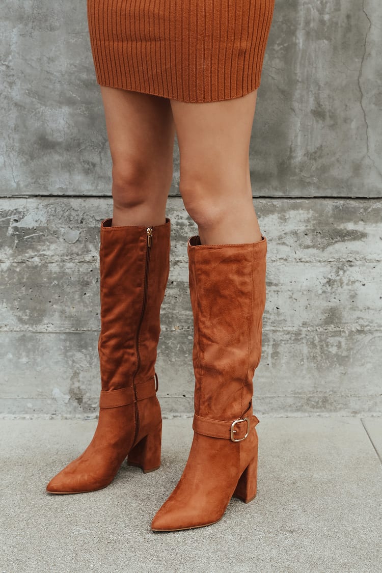 Cognac Suede Boots - Knee High Boots - Suede Pointed-Toe Boots - Lulus