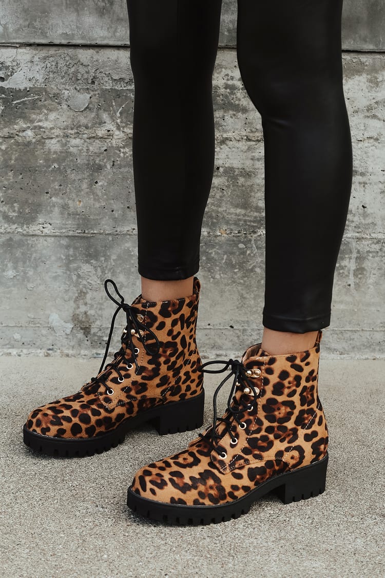 Leopard Ankle Boots - Lace-Up Boots - Faux Leather Combat Boots - Lulus