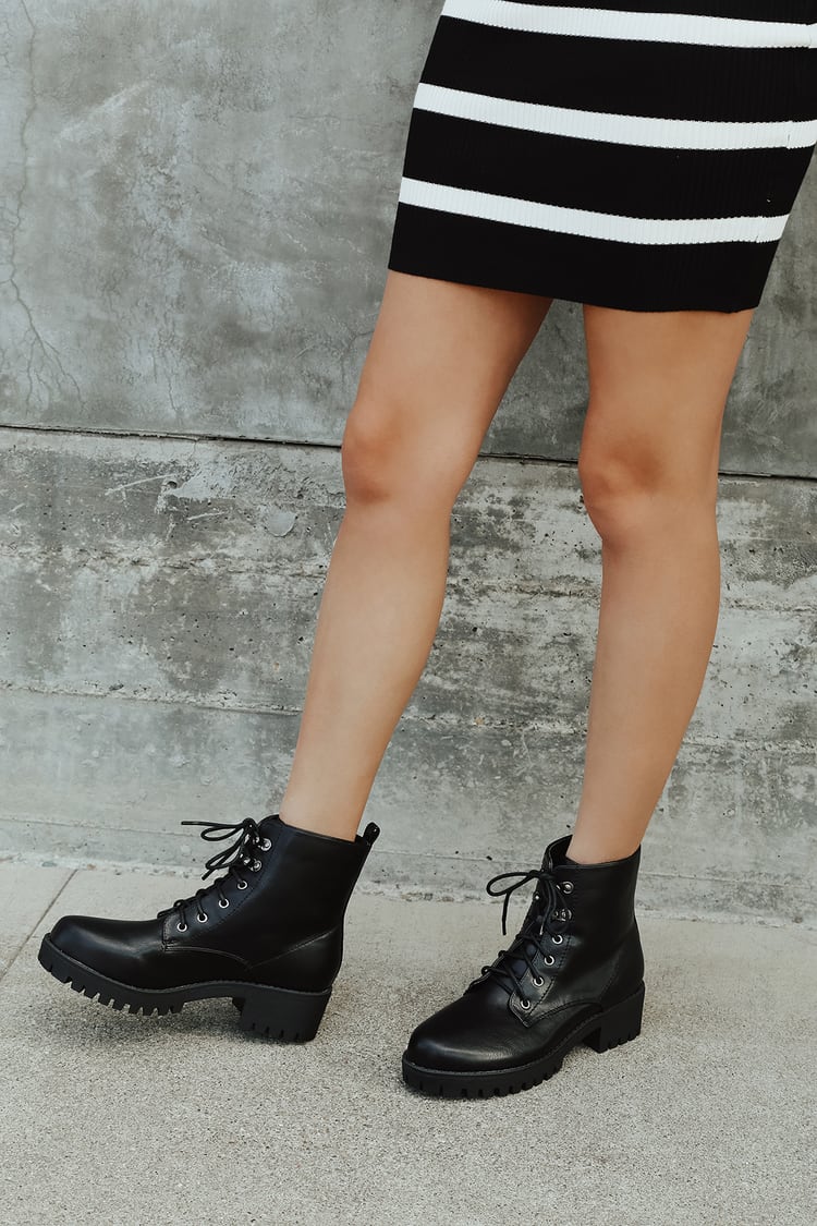 Black Ankle Boots - Lace-Up Boots - Faux Leather Combat Boots - Lulus