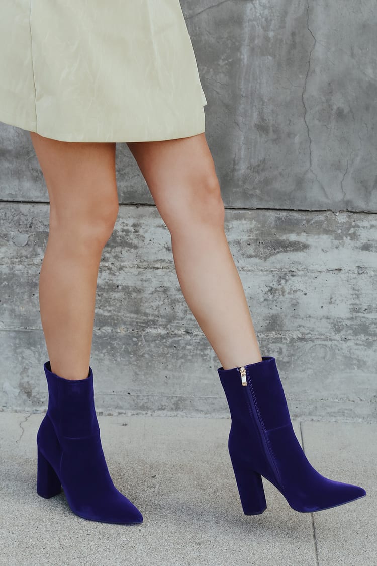 Blue Velvet Pointed Toe Mid Calf Boots - Block Heel Boots - Lulus