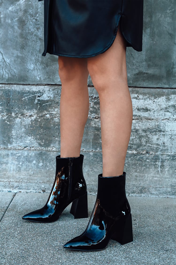 Steve Madden Envied - Black Patent Boots - Heeled Booties - Lulus
