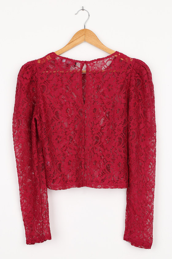 Red Lace Top - Long Sleeve Top - Puff Shoulder Top - Sheer Top - Lulus