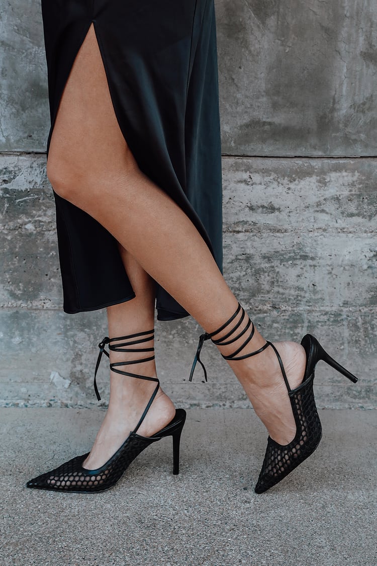 Black Heels - Woven Lace-Up High Heels - Pointed-Toe Heels - Lulus