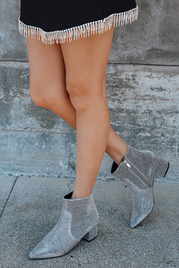 Chic Silver Boots - Sparkly Boots - Pointed Toe Ankle Booties - Lulus