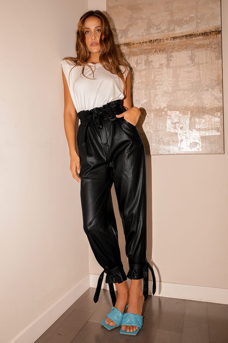 Vegan Leather Pants - Paper Bag Waist Pants - Black Trousers - Lulus