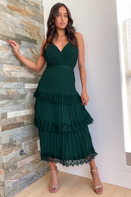 Emerald Green Dress Pleated Midi Dress Chic Tiered Lace Dress Lulus