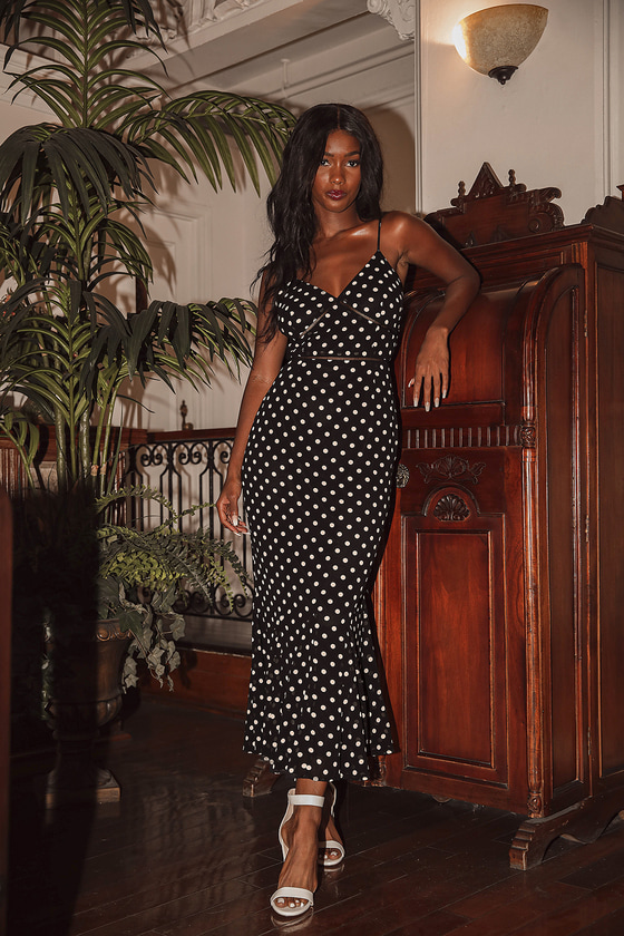 Best Spot to Be Black Polka Dot Sleeveless Ruffled Midi Dress