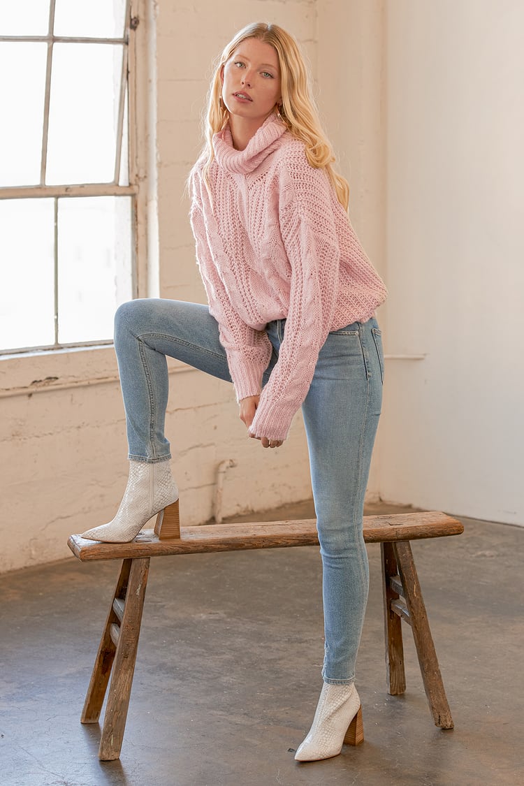 RD Style Cowl Neck - Light Pink Sweater - Cable Knit Sweater - Lulus