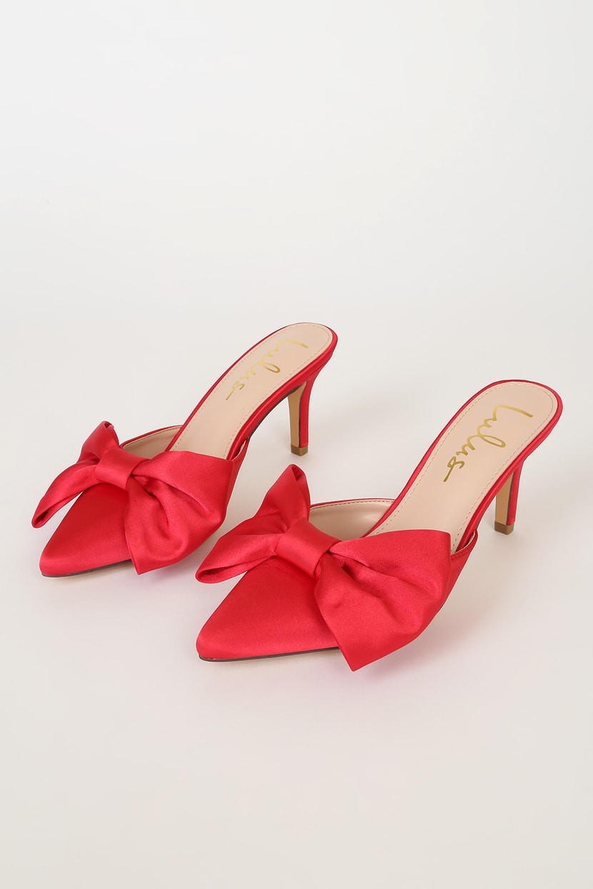 Red Satin Mules - Pointed-Toe Heeled Mules - Bow Mule Pumps - Lulus