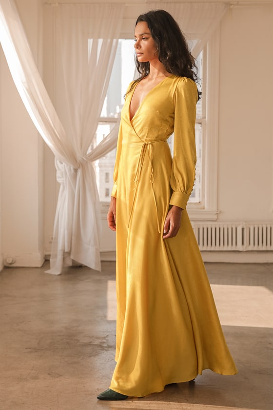 yellow satin wrap dress