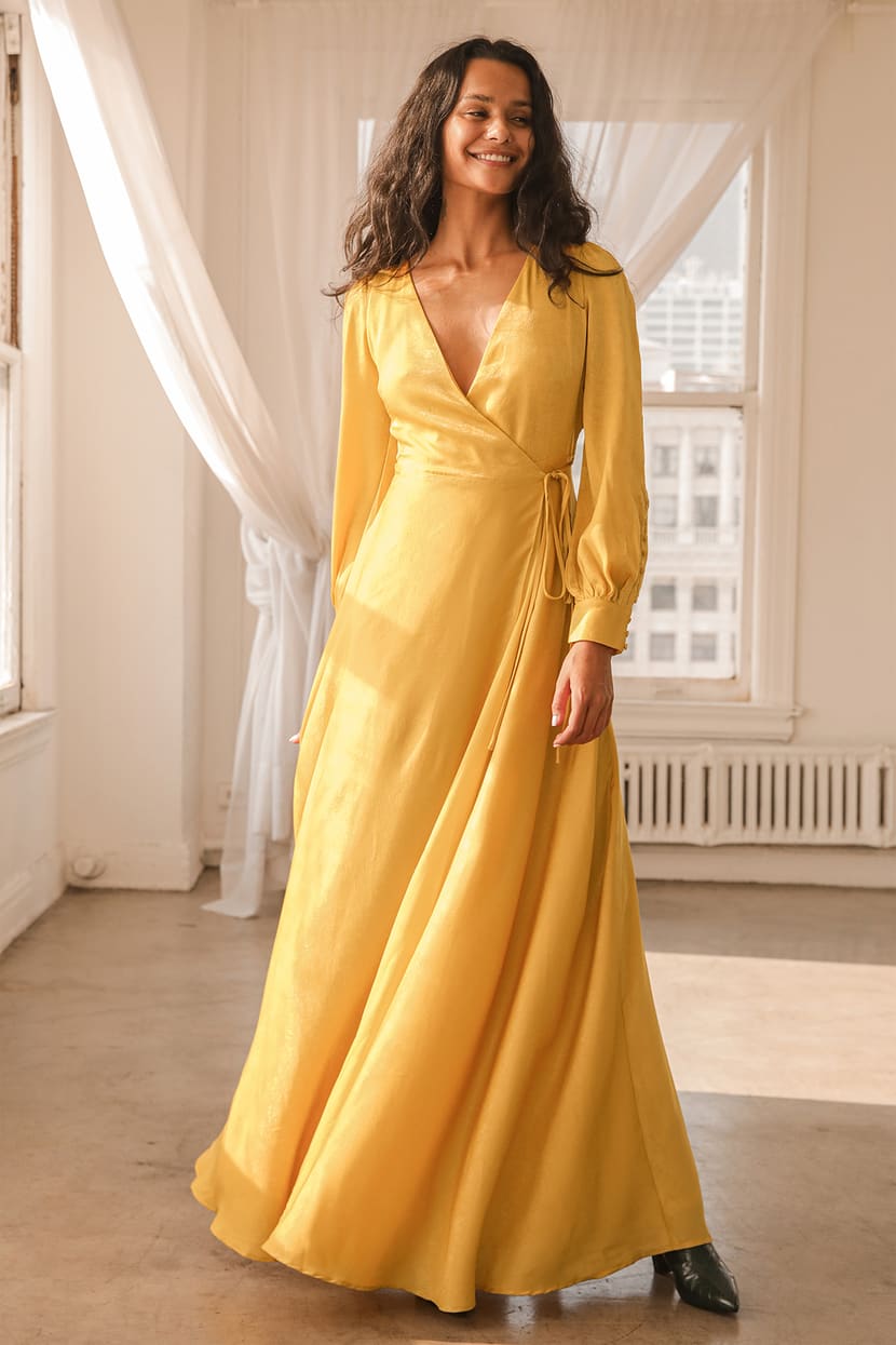 Yellow Maxi Dress - Satin Wrap Dress - Wrap Maxi Dress - Lulus
