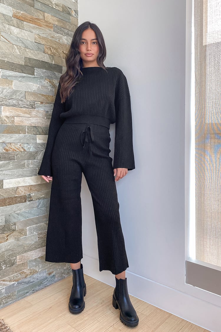 Cute Black Pants - Cropped Sweater Pants - Ribbed Knit Culottes - Lulus