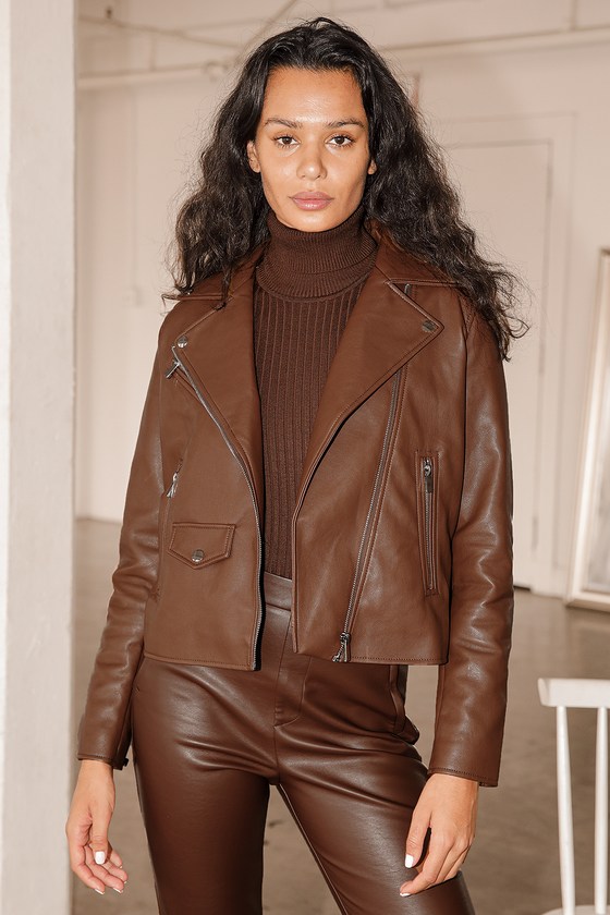 Etta Vegan Leather Biker Jacket Leather Brown | French Connection US