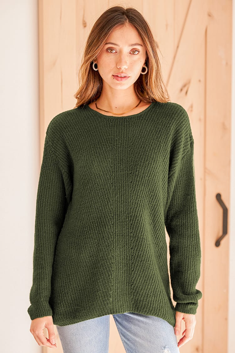 Olive Green Sweater - Tunic Top - Pointelle Sweater - Lulus