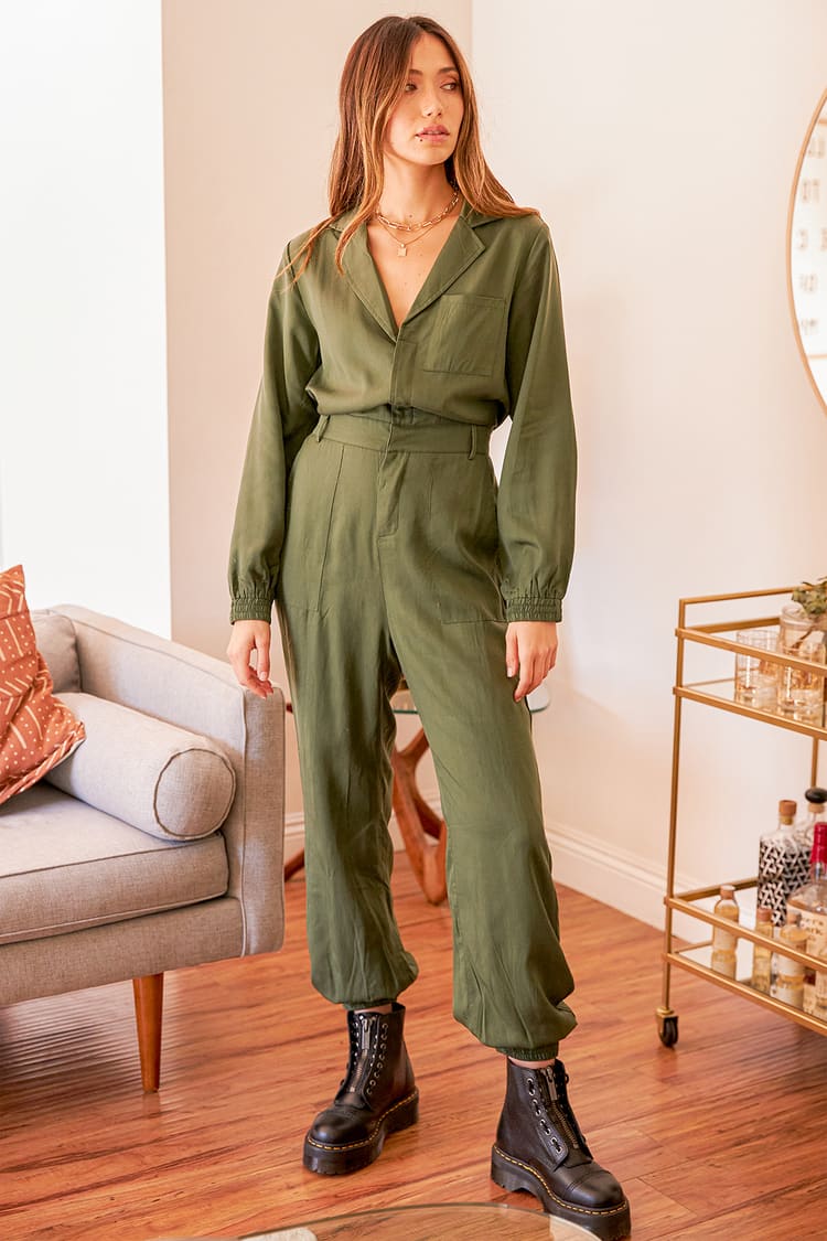 Olive Green Jumpsuit - Utility Jumpsuit - Long Sleeve Jumpsuit - Lulus