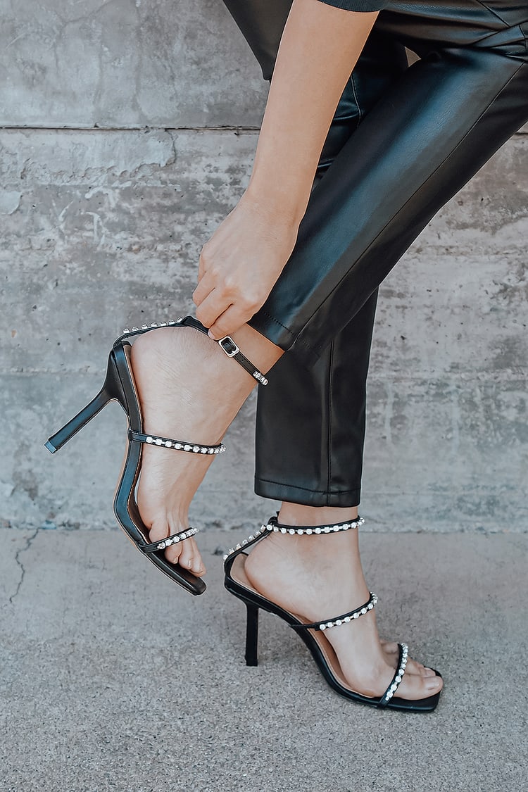 Black Heels - Faux Leather Sandals - Rhinestone High Heels - Lulus