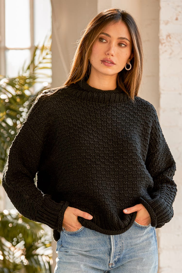 Black Knit Sweater - Chunky Knit Sweater - Turtleneck Sweater - Lulus