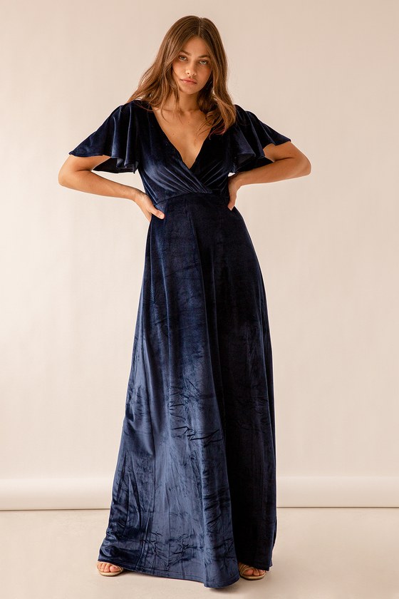 Navy Blue Maxi Dress - Velvet Maxi Dress - Flutter Sleeve Dress - Lulus
