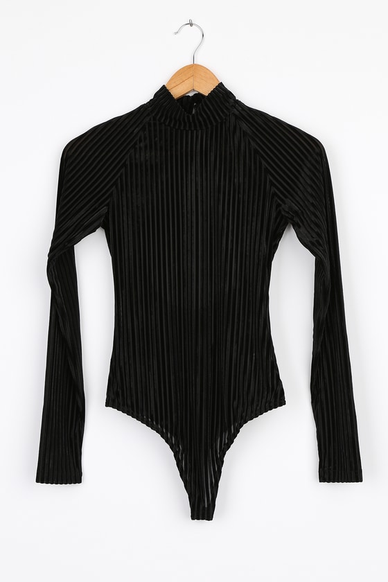 Black Velvet Bodysuit - Mock Neck Bodysuit - Long Sleeve Top - Lulus