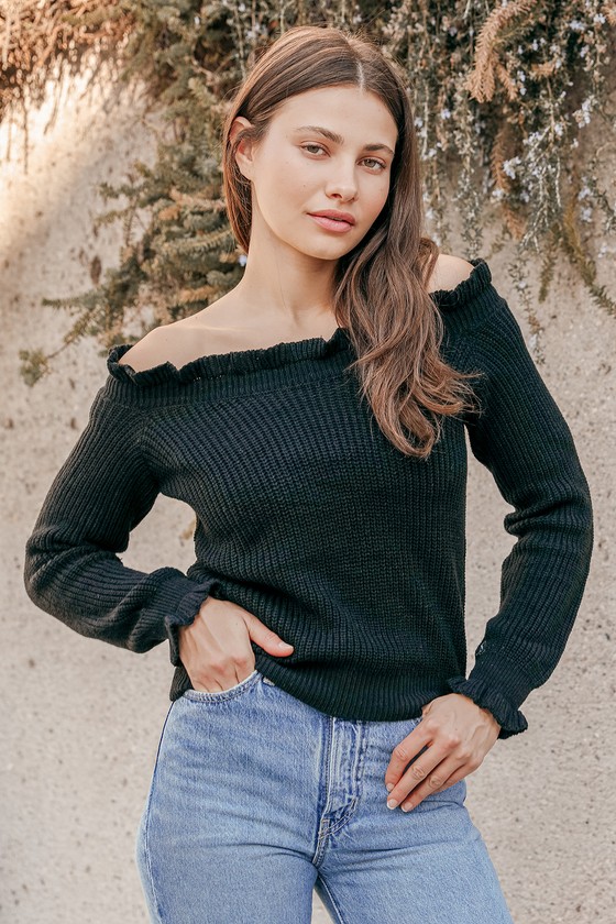 Black Off the Shoulder Sweater Knit Sweater Ruffled Sweater