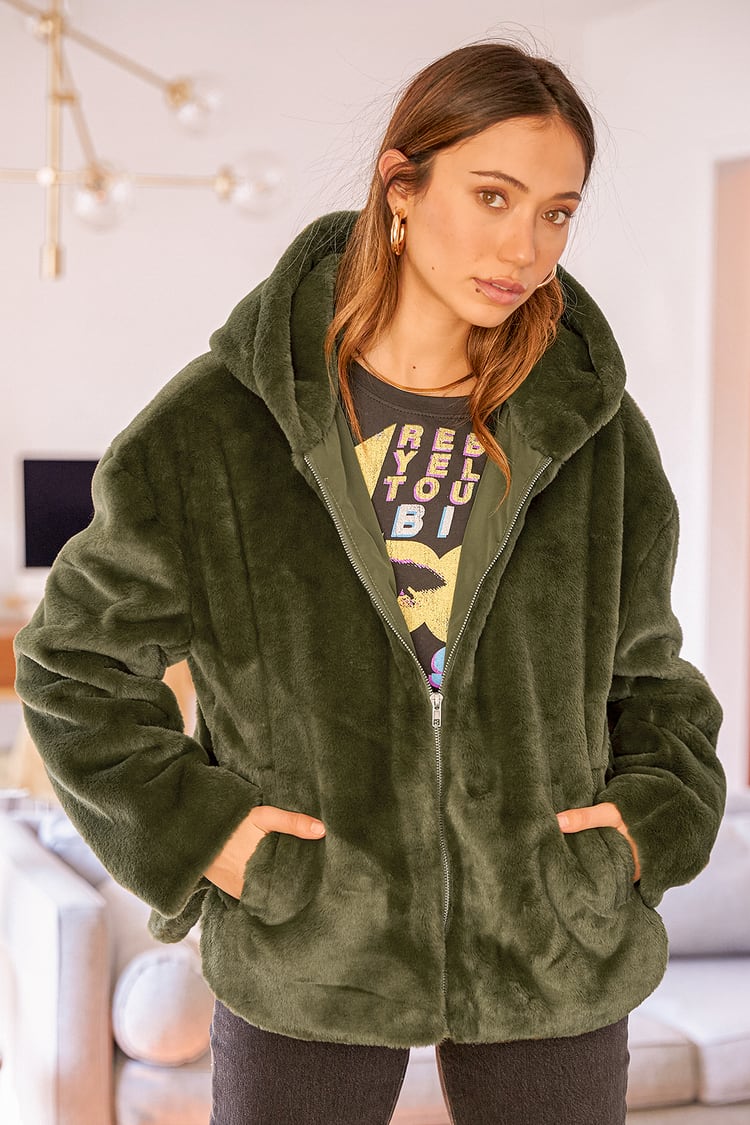 Olive Green Jacket - Faux Fur Jacked - Hooded Zip-Up Jacket - Lulus