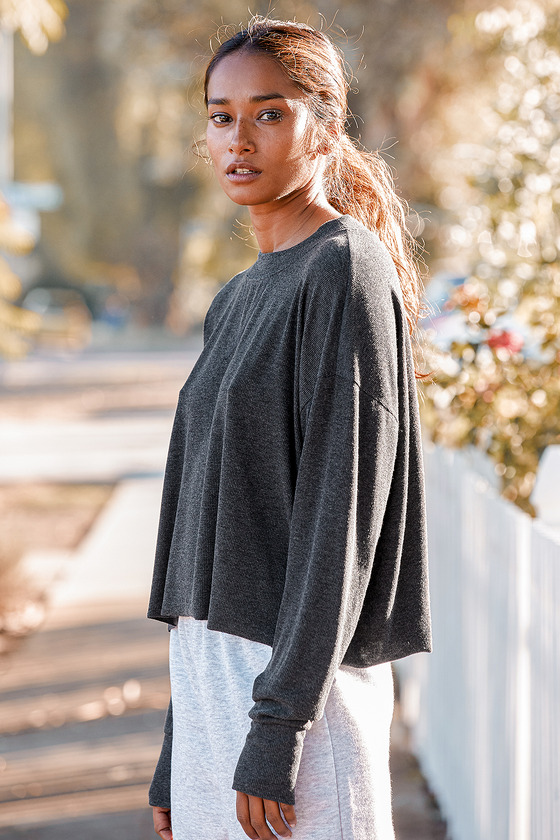 Charcoal Grey Pullover - Grey Top - Ribbed Knit Long Sleeve Top - Lulus