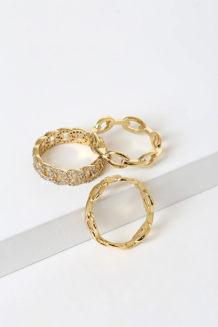 Sterling Forever Chain Ring Set - Gold Ring Set - 14KT Gold Rings - Lulus