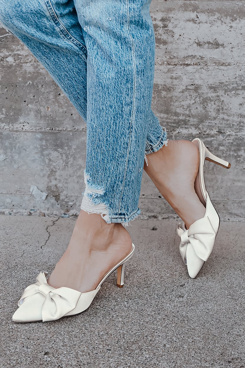 Ivory Satin Mules - Pointed-Toe Heeled Mules - Bow Mule Pumps - Lulus