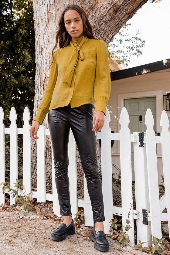 What an Icon Mustard Yellow Tie-Neck Button-Up Top